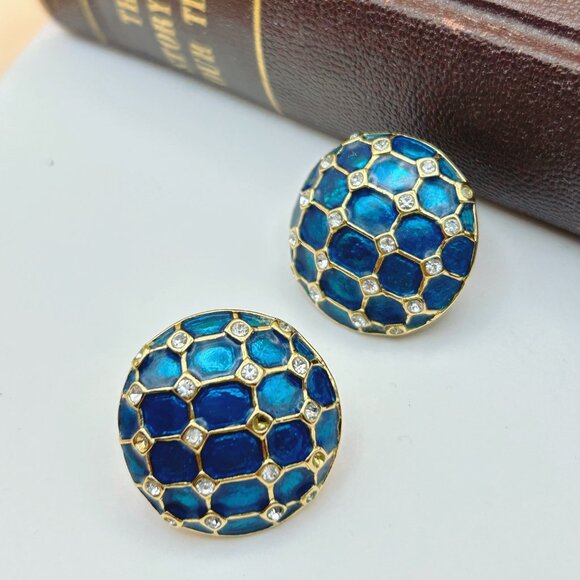 Vintage 1980s Butler Clip-On Earrings, Blue-Green Enamel & Rhinestones - Picture 5 of 9
